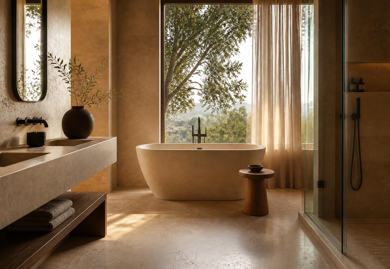 A serene stone bathroom with a freestanding bath beneath a tall window