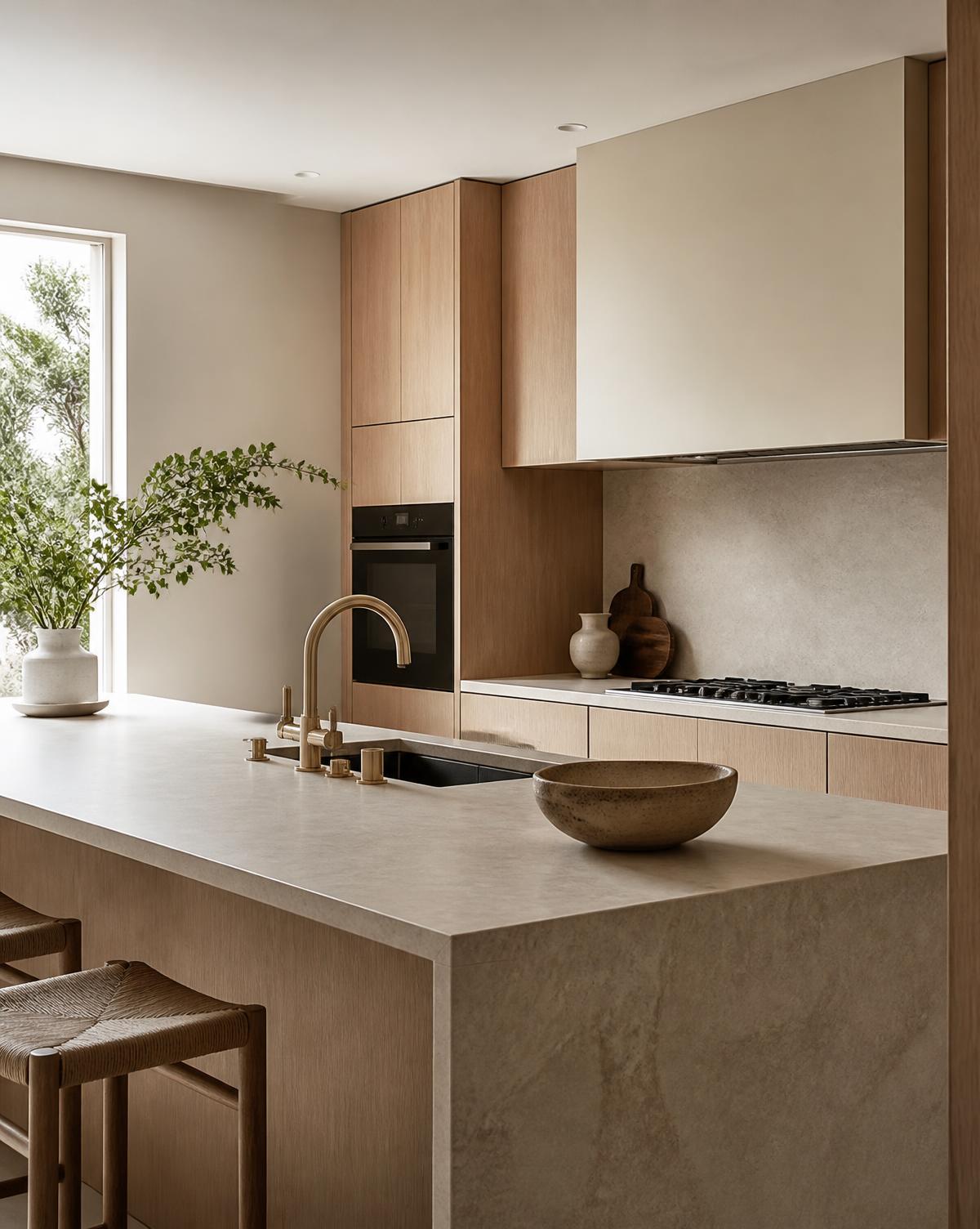 A pale oak kitchen with a honed stone island and brushed brass tapware